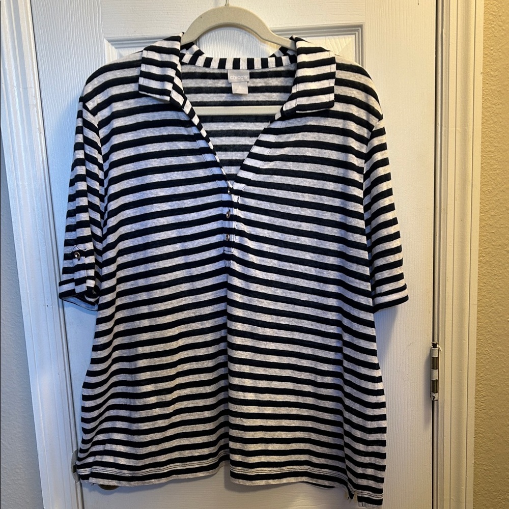 Chico's Navy and Cream Striped Top